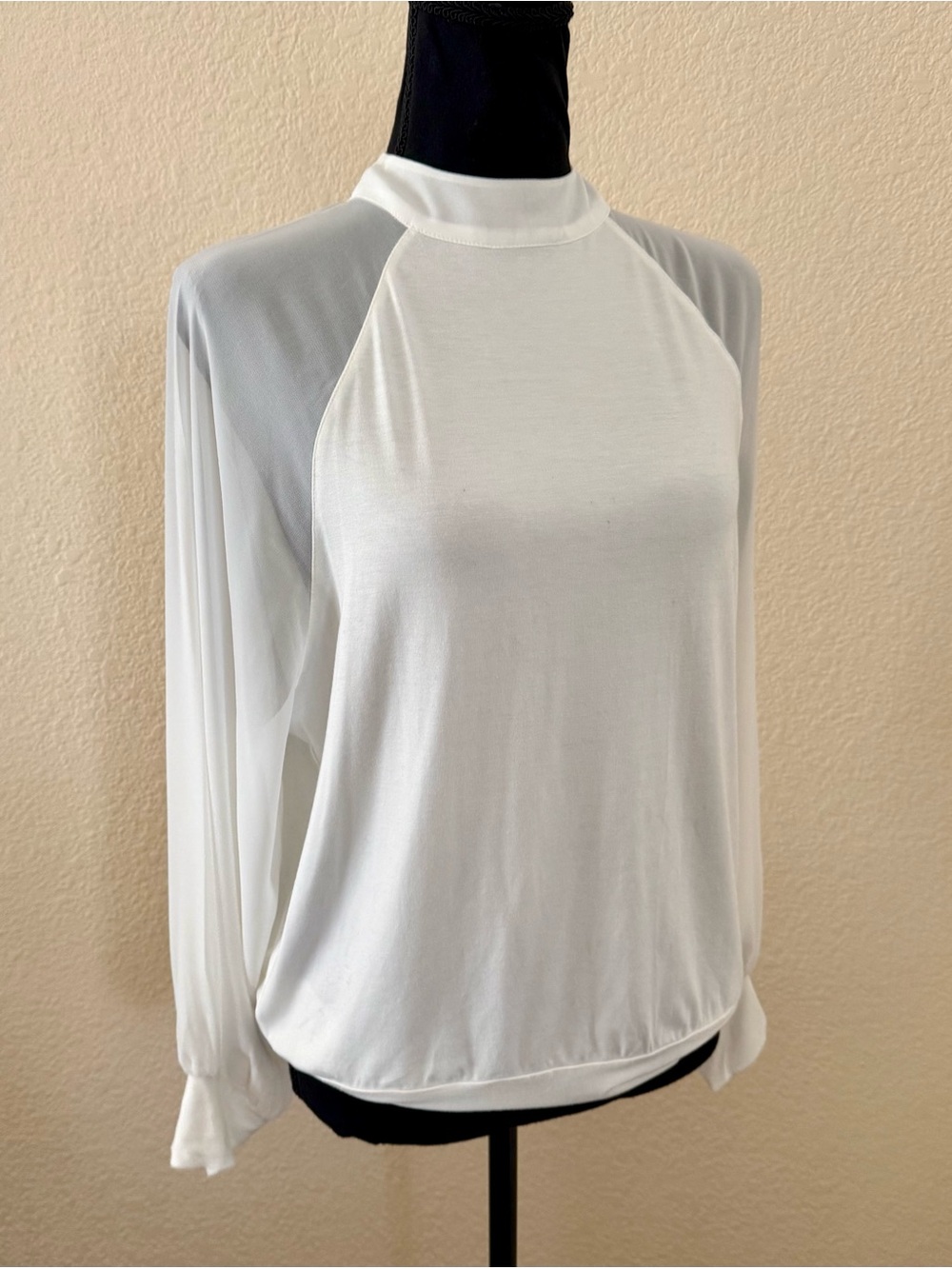 French Connection Sheer Sleeve Mock Neck Top White XS Loose Dolman Relaxed Fit